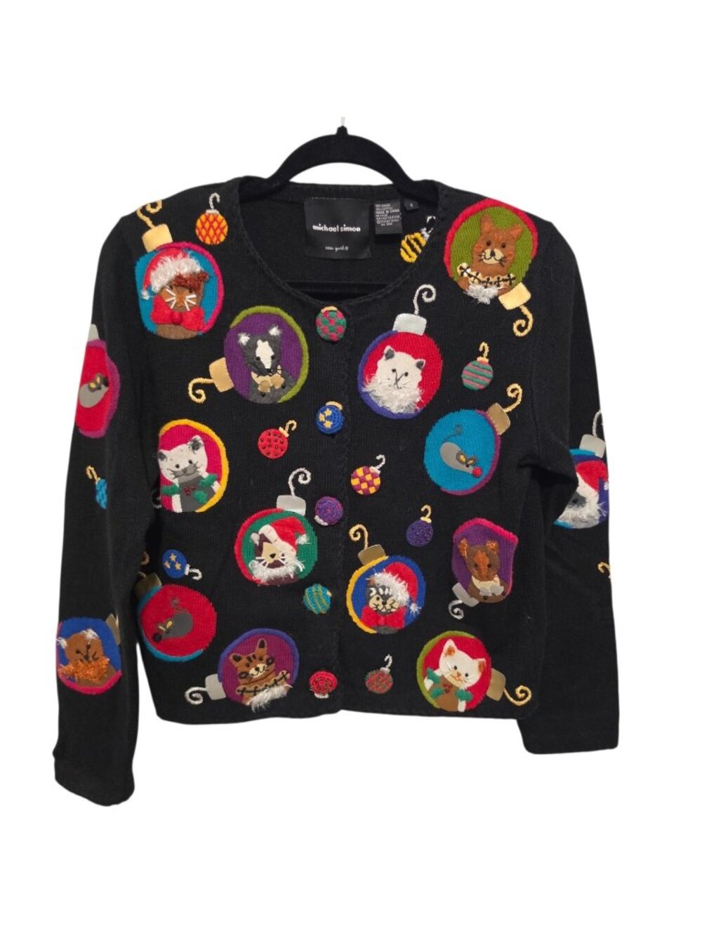 Vintage Michael Simon Cat Cardigan Christmas Sweater S 90s Embroidered Whimsical